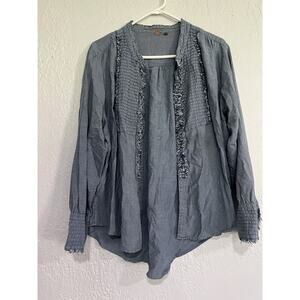 FP One - Free People Cotton Gauze Chambray Blue Pintuck Top Size M